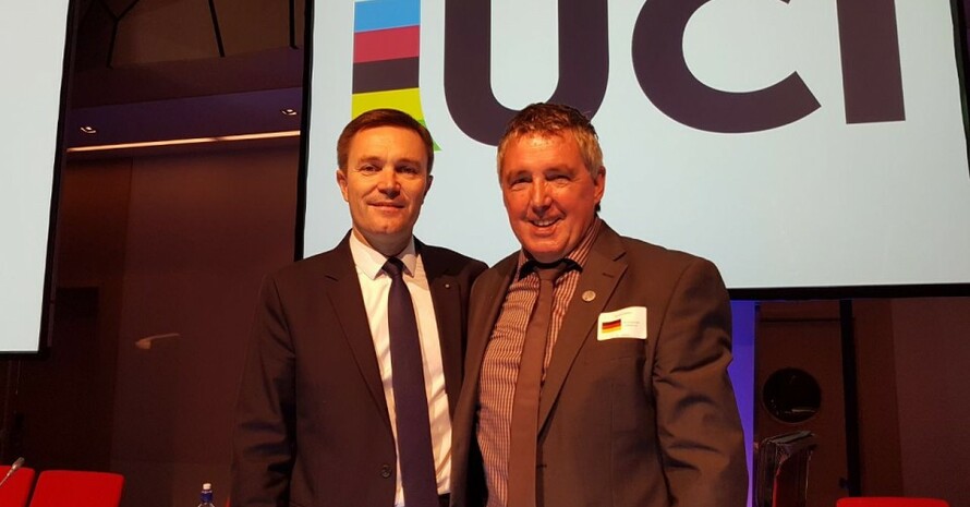 Toni Kirsch (rechts) und der ebenfalls heute neu gewählte Präsident des Weltradsportverbandes UCI, David Lappartient. Foto: BDR