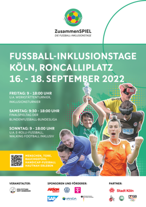 Plakat zur Ankündigung der Fußball-Inklusionstage vom 16. - 18. September in Köln, Roncalliplatz auf grünem Hintergrund mit emotionalen Spieler*innen, teilweise mit Augenbinde