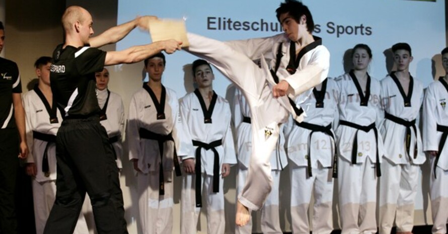 Taekwondo-Einlage mit Bruchtest bei der Prädikatsübergabe an die Bertolt-Brecht-Schule in Nürnberg.