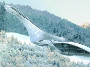 Die neue Skisprungschanze im Model. Erst am Eröffnungstag, dem 21. Dezember, wird sie komplett fertiggestellt sein. Foto-Montage:  Markt Garmisch-Partenkirchen