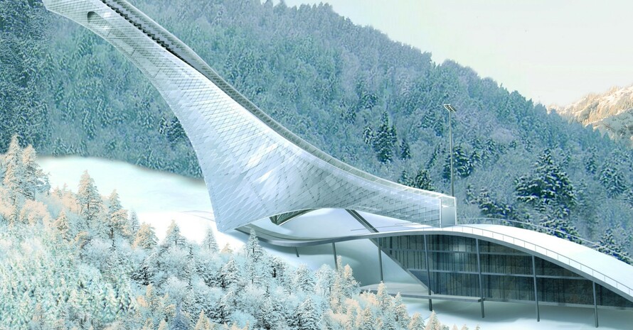 Die neue Skisprungschanze im Model. Erst am Eröffnungstag, dem 21. Dezember, wird sie komplett fertiggestellt sein. Foto-Montage:  Markt Garmisch-Partenkirchen