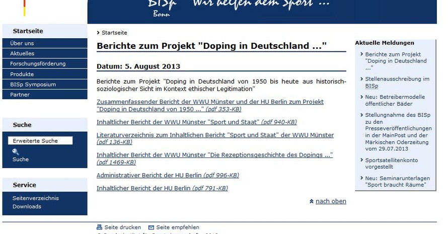Die Abschlussberichte der Doping-Studie sind auf der BISp-Homepage abrufbar. Screenshot: BISp.de
